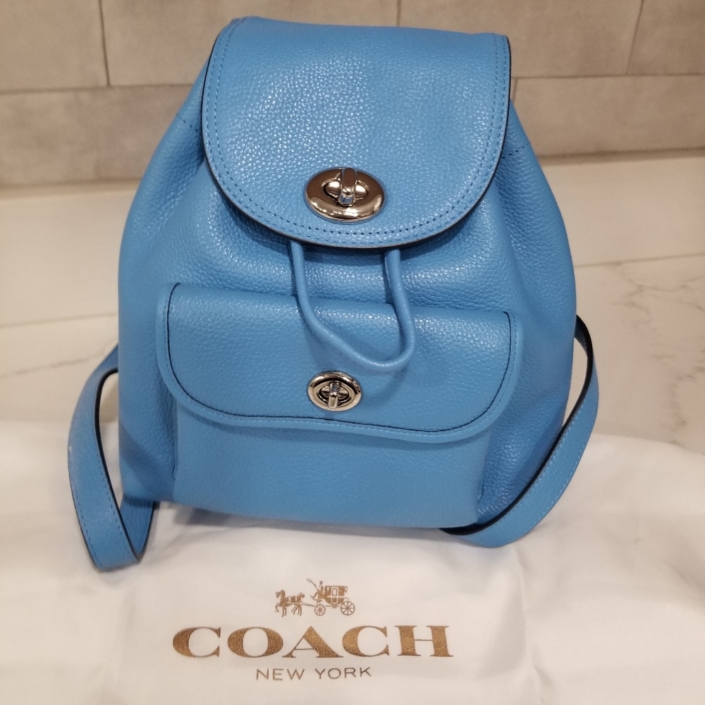 SOLD! NWOT! Coach Mini Turnlock Rucksack Backpack Pebbled Leather Azure Blue - Picture 4 of 16